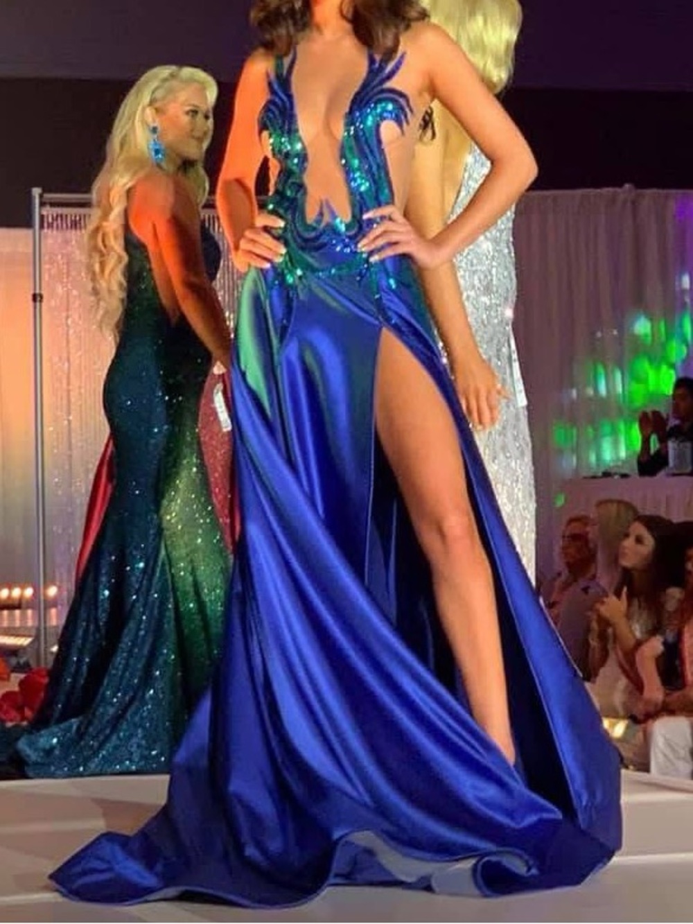 Blue Sequin-Embellished Evening Gown with High Slit